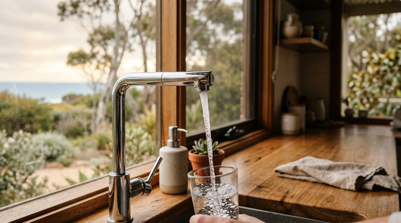 Australian tap water quality by state 2026 - crystal-clear water from kitchen tap