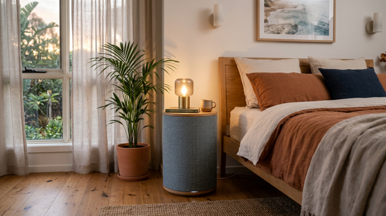 Blueair DustMagnet style air purifier as bedroom side table in Australian home