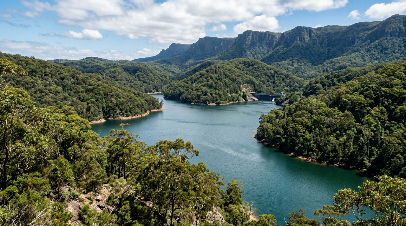 Avon Dam in the Illawarra escarpment ranges -- primary water source for Wollongong via Sydney Water's Illawarra Water Filtration Plant