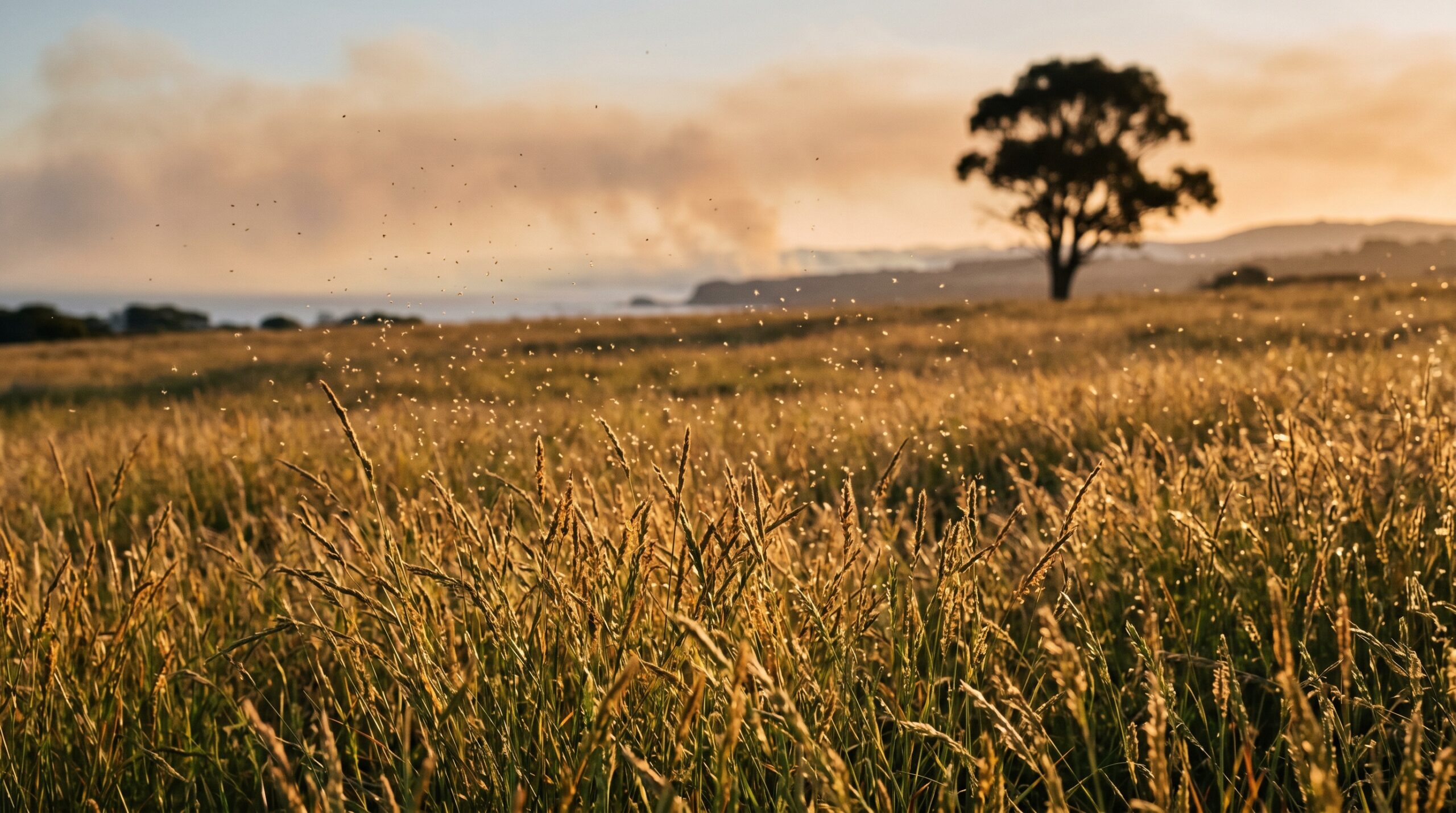 Australian allergen triggers — golden-hour ryegrass pollen and distant bushfire smoke haze, Clean and Native