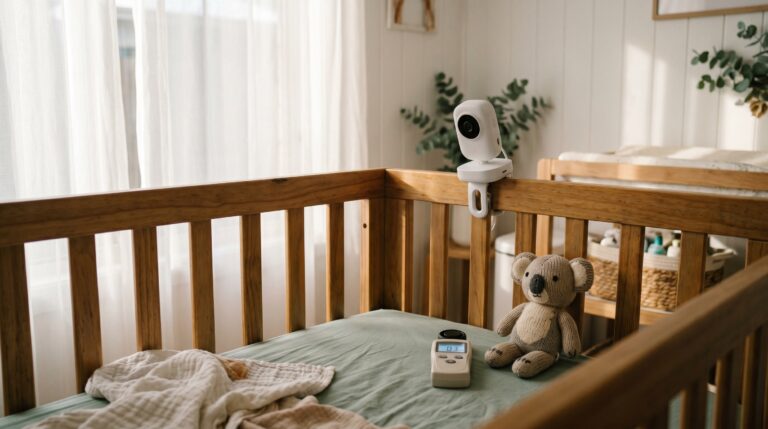 Best low-EMF baby monitor Australia - Bebcare Motion on timber cot with EMF meter