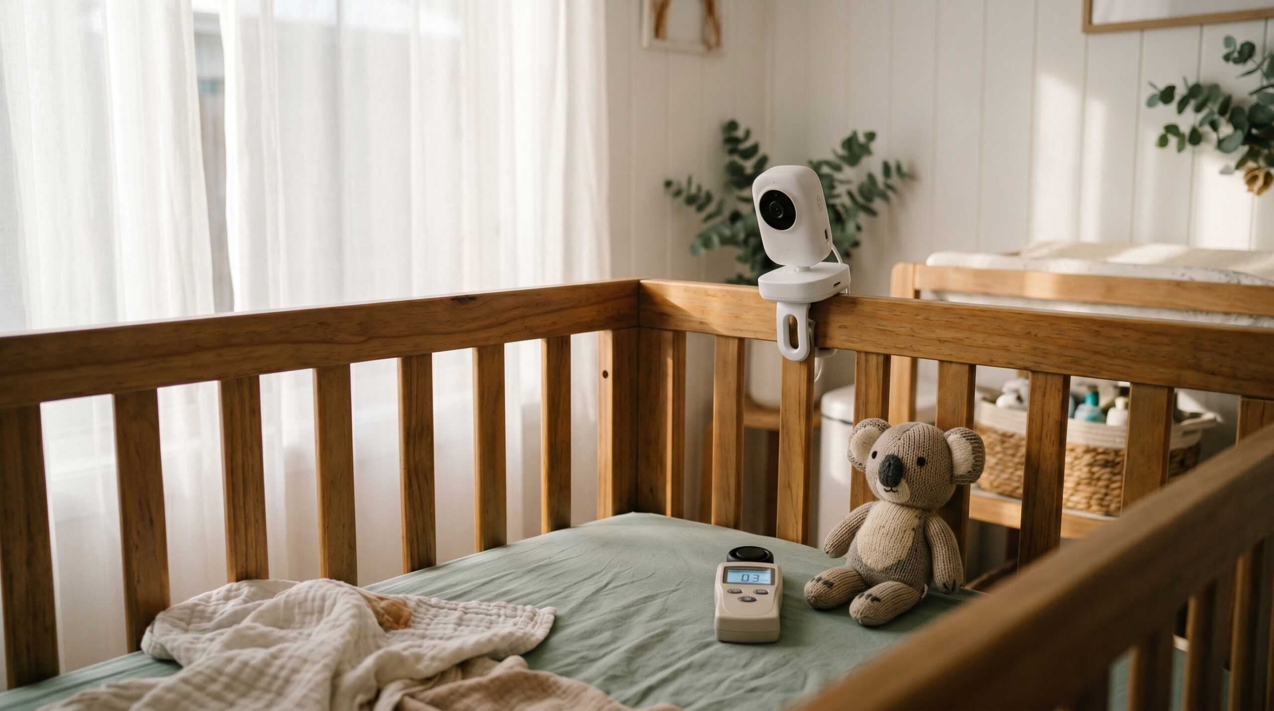 Best low-EMF baby monitor Australia - Bebcare Motion on timber cot with EMF meter