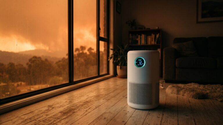 HEPA air purifier running indoors during bushfire smoke event in Australian home
