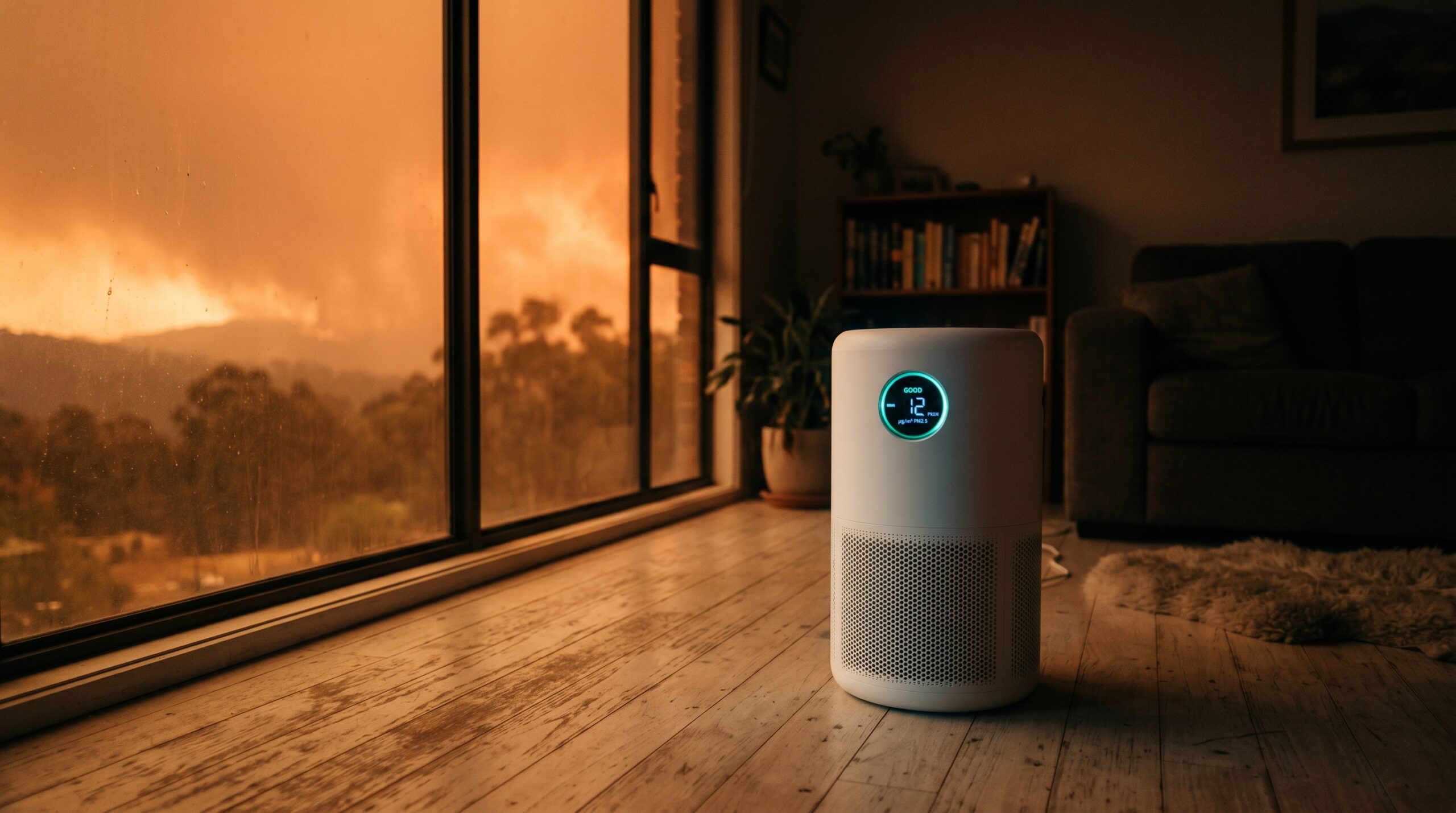 HEPA air purifier running indoors during bushfire smoke event in Australian home