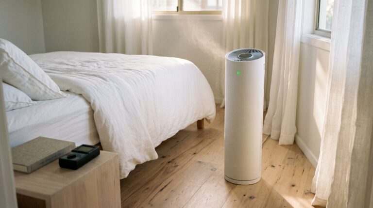 A tall slim white HEPA air purifier tower beside a bed with white linen in a sunlit Australian bedroom, a TriField TF2 EMF meter resting on the bedside table