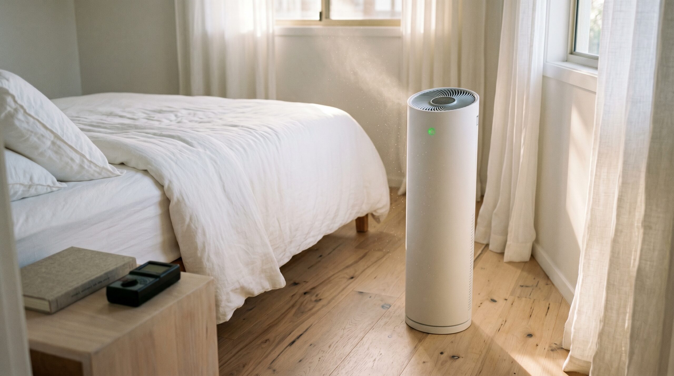 A tall slim white HEPA air purifier tower beside a bed with white linen in a sunlit Australian bedroom, a TriField TF2 EMF meter resting on the bedside table