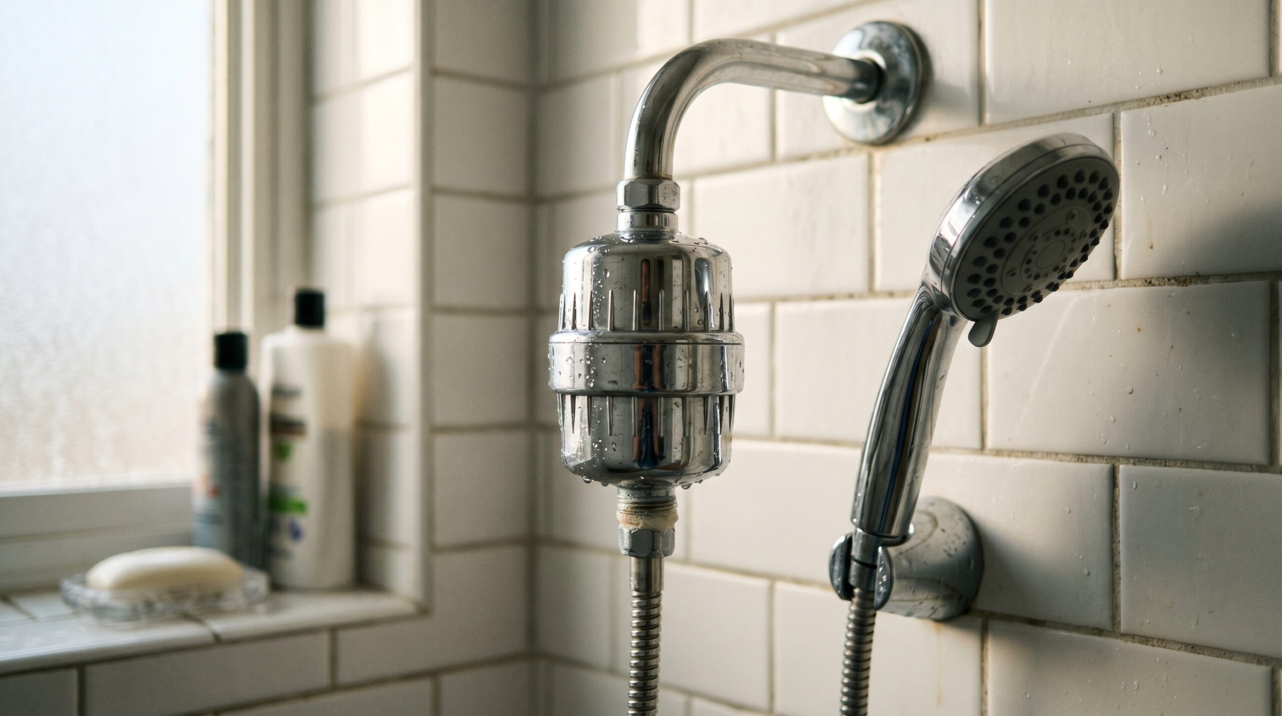 Best shower filter for chloramine Australia -- chrome brass catalytic carbon unit installed on shower arm