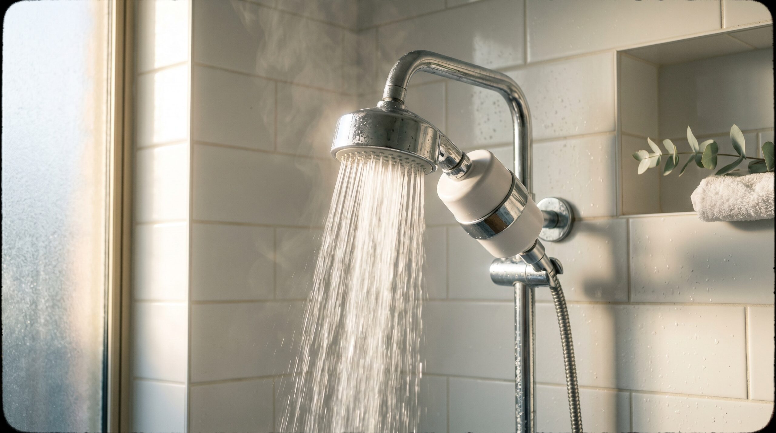 Best shower filter for Australia 2026 — chrome shower head with vitamin-C inline filter cartridge, halo light through frosted glass, Clean and Native