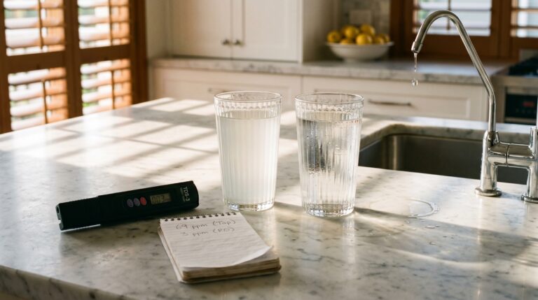 Best water filter for fluoride and PFAS in Australia — TDS meter and filtered water comparison on Carrara marble bench, Clean and Native testing methodology