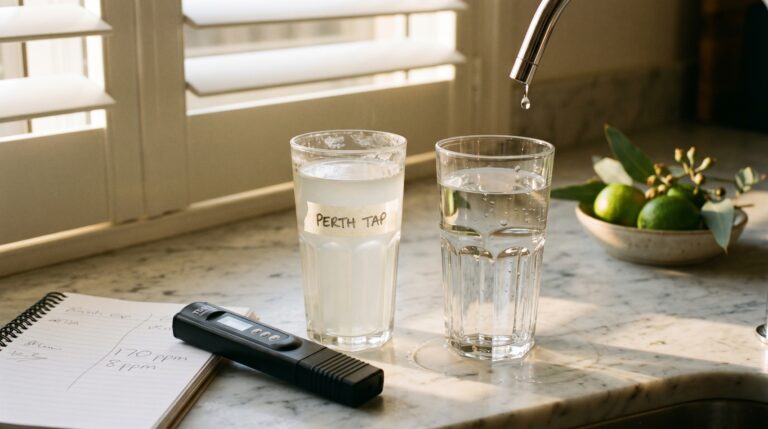 Best water filter for Western Australia 2026 — TDS meter comparing Perth hard-water input against reverse osmosis output on Carrara marble bench, Clean and Native testing