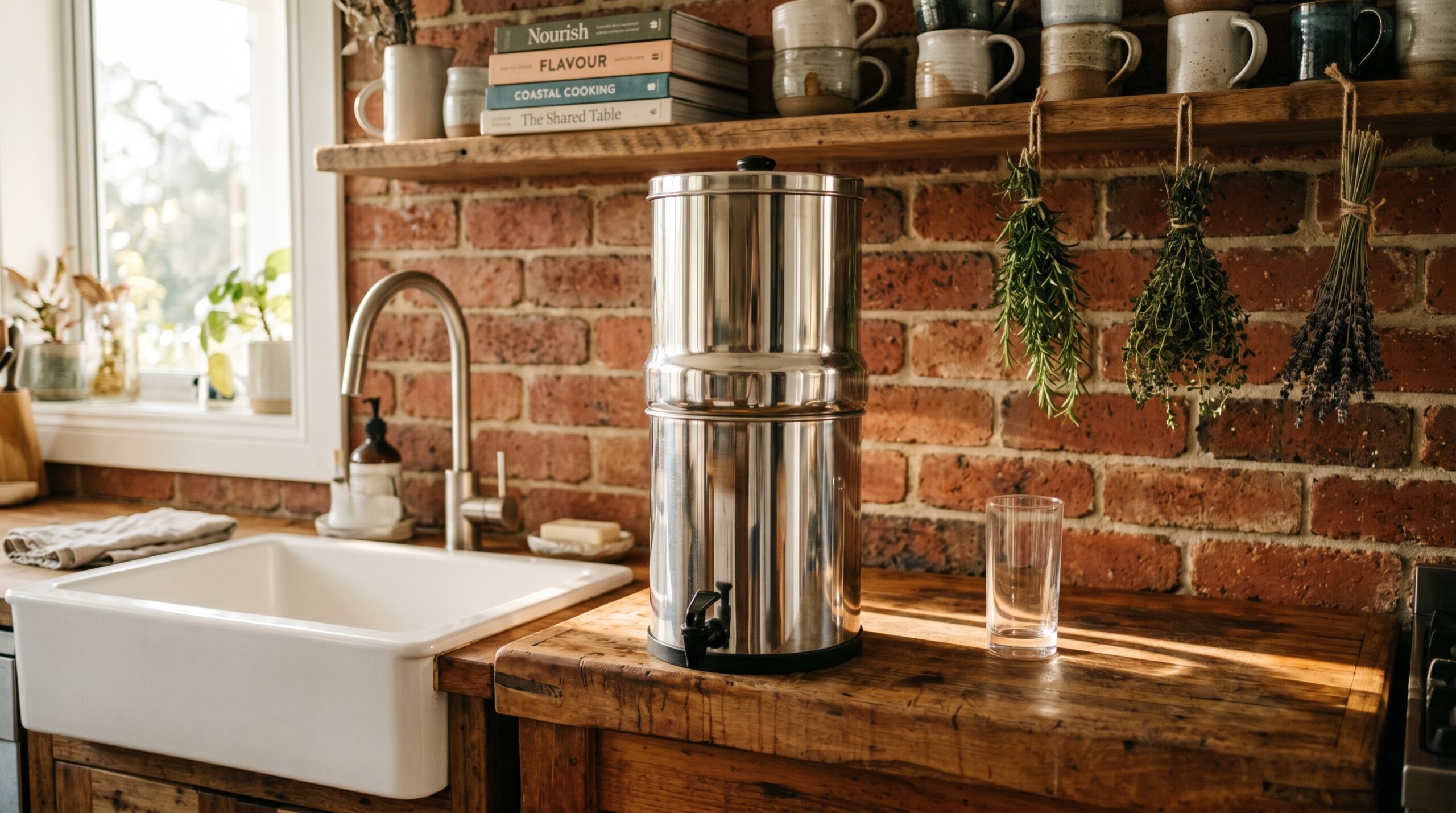 Big Berkey gravity water filter on a timber kitchen bench in a coastal Queensland Australian home