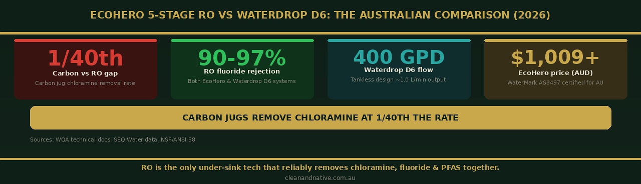 EcoHero 5-Stage RO vs Waterdrop D6: The Australian Comparison (2026) infographic — Clean and Native