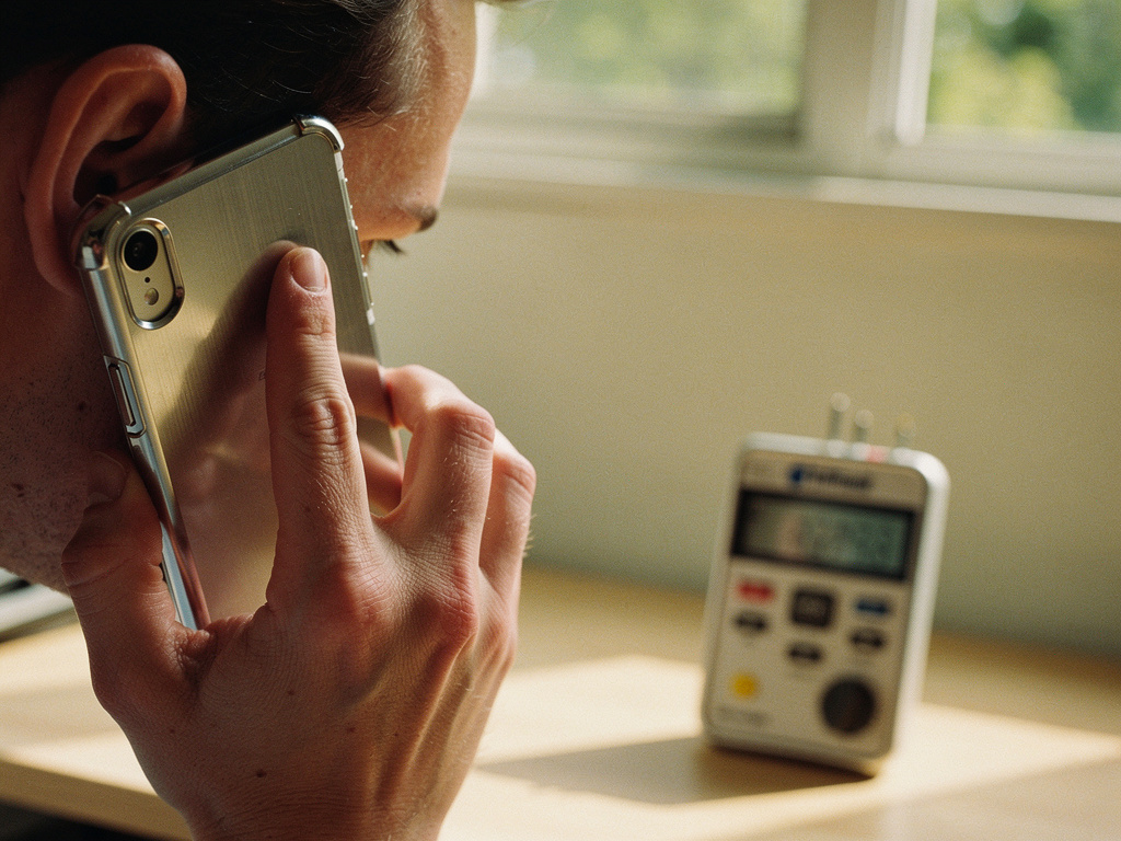 Phone with metallic EMF shielding case held against head — TriField TF2 EMF meter visible in background measuring RF output