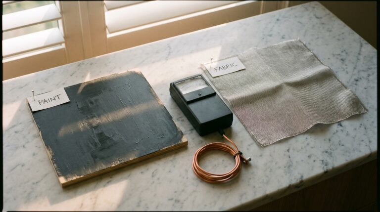 EMF shielding paint vs fabric Australia 2026 — side-by-side test samples with EMF meter and copper ground wire on Carrara marble, Clean and Native