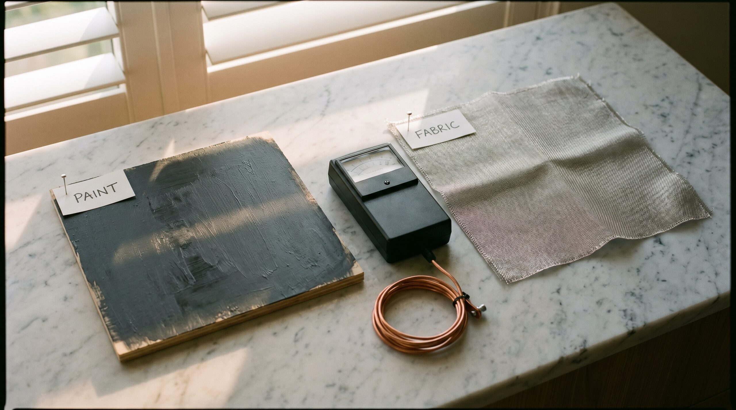 EMF shielding paint vs fabric Australia 2026 — side-by-side test samples with EMF meter and copper ground wire on Carrara marble, Clean and Native