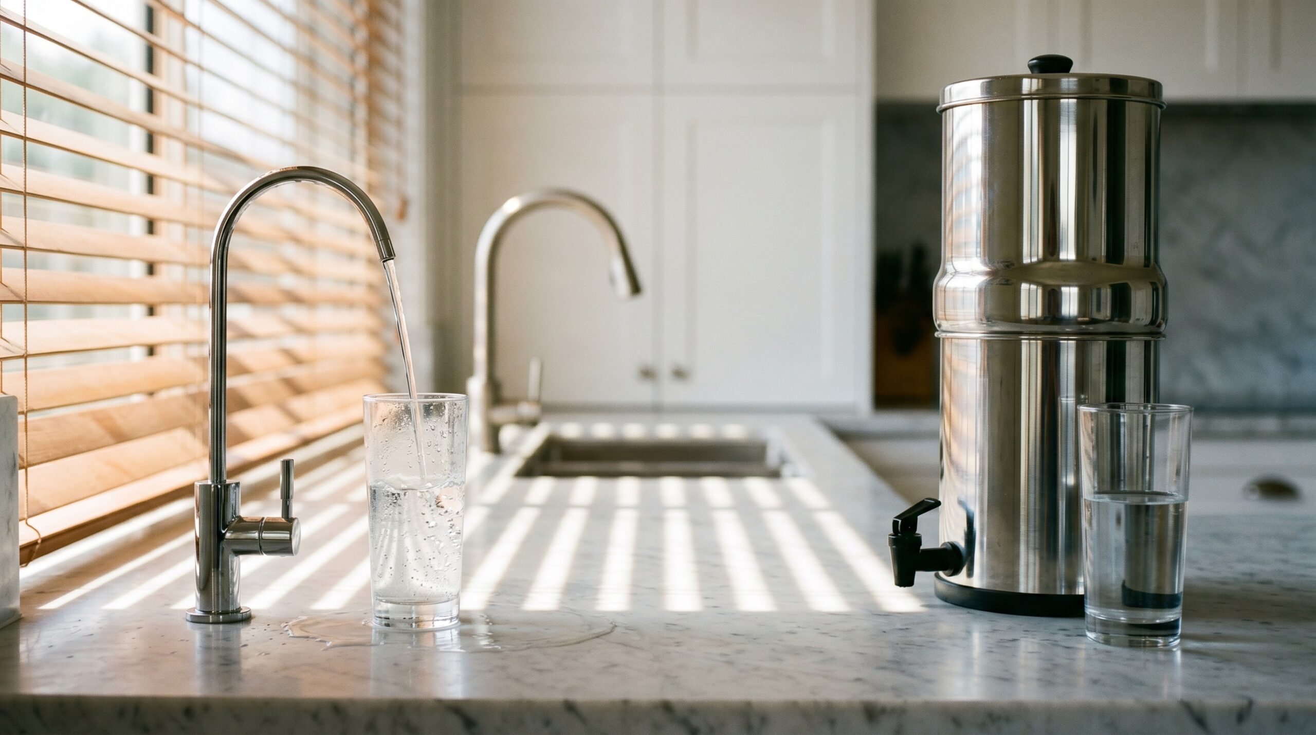 Chrome reverse osmosis filter tap pouring crystal-clear water into a glass beside a polished stainless steel gravity filter on a Carrara marble bench in an Australian coastal kitchen