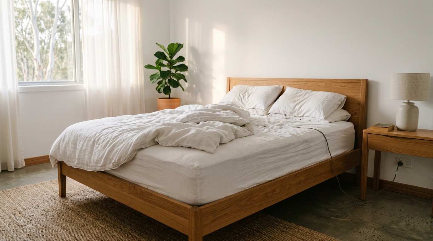 Adult bedroom with queen bed, white linen, and grounding cord connecting to Australian wall socket