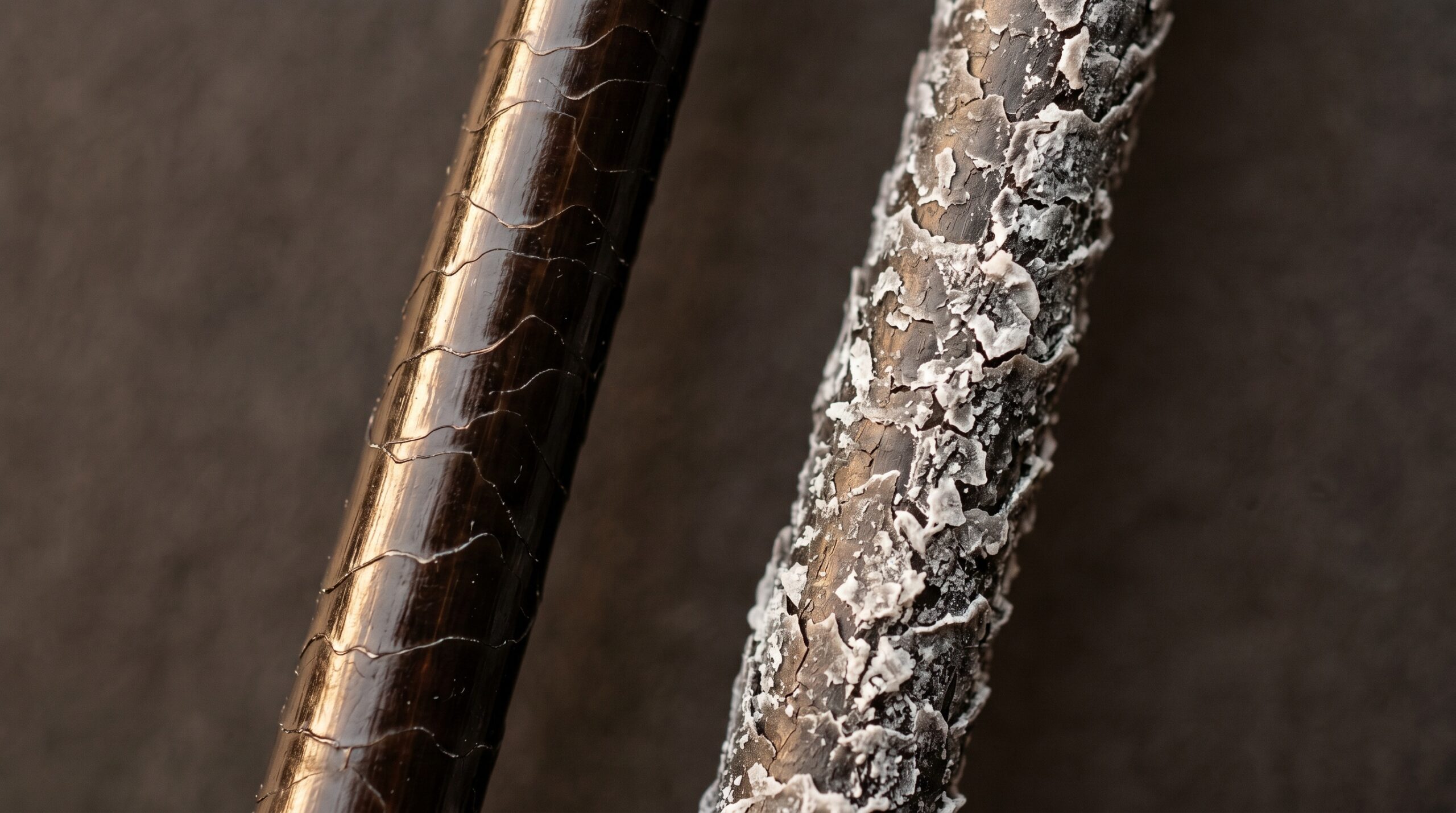 Macro comparison of healthy hair cuticle (left, smooth overlapping scales) vs hard water damaged hair (right, white calcium carbonate mineral deposits encrusting the raised, fractured cuticle surface)