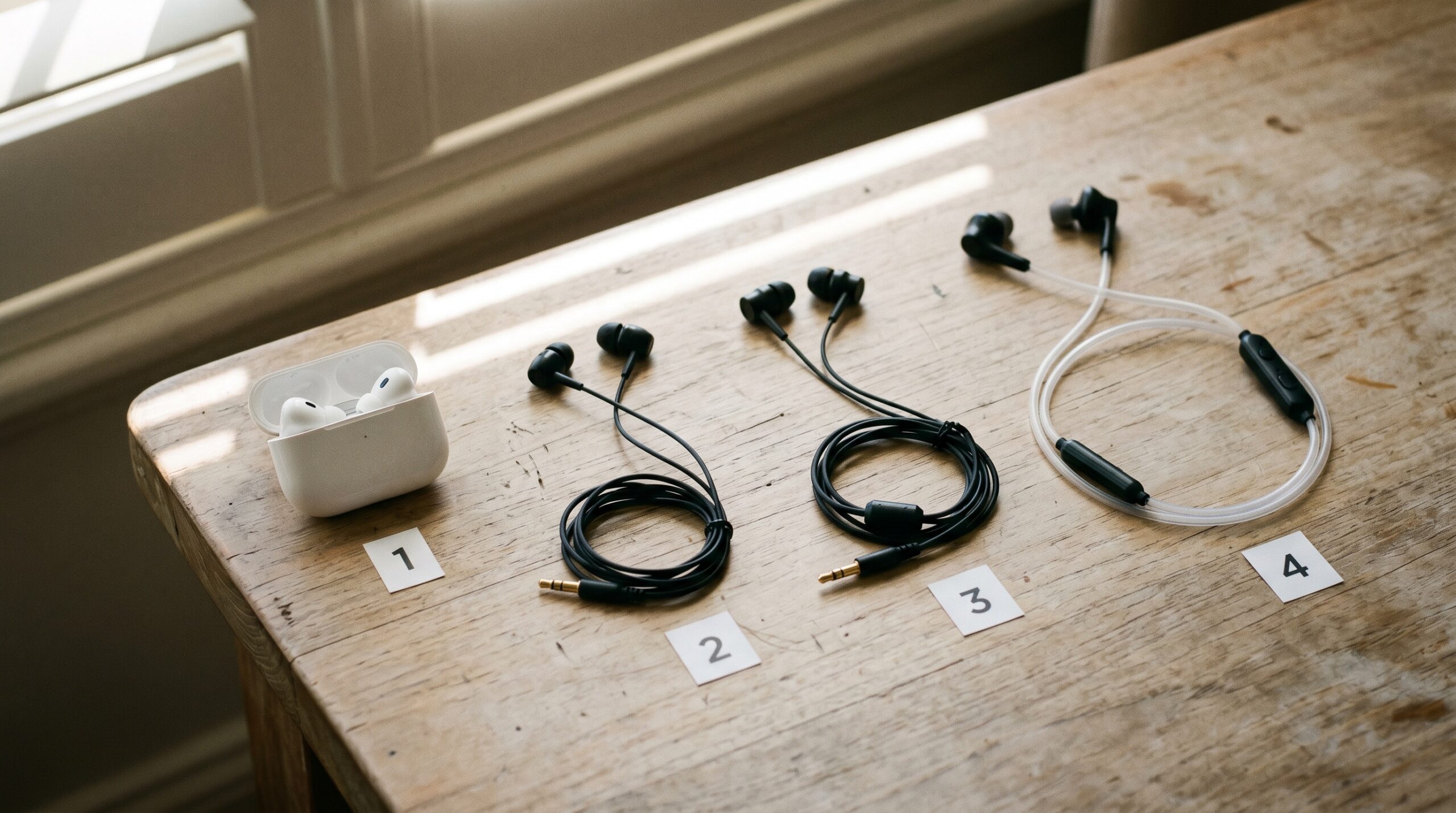 Four headphone categories arranged left to right on an Australian timber desk: true wireless Bluetooth earbuds in their case, standard wired earbuds with 3.5mm jack, shielded wired earbuds with ferrite choke, and an air-tube headset with hollow plastic acoustic tubes -- each numbered 1 through 4