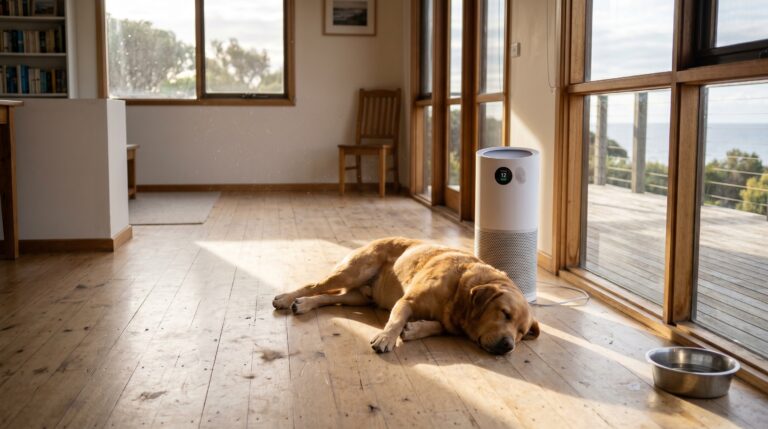 Golden labrador beside HEPA air purifier in Australian home
