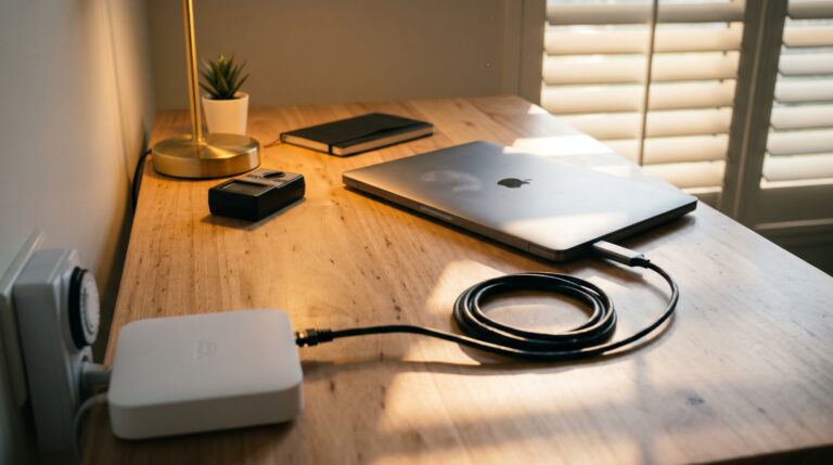 Home office EMF reduction Australia 2026 — wired Cat6 ethernet setup with Wi-Fi router on mechanical timer (off 11pm-6am), TriField TF2 measurement, Clean and Native