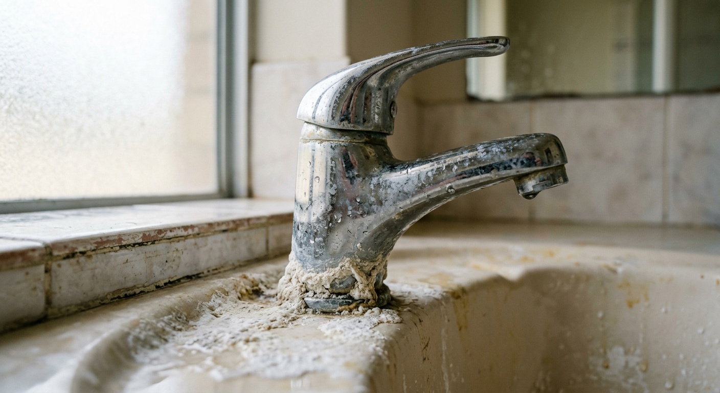 White limescale deposits on a Perth bathroom tap -- the visible result of 170mg/L hard water from Perth's Gnangara groundwater system