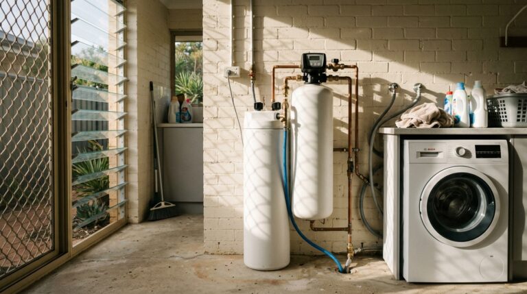Whole house water softener tank installed in a Western Australian home utility room -- Clean and Native