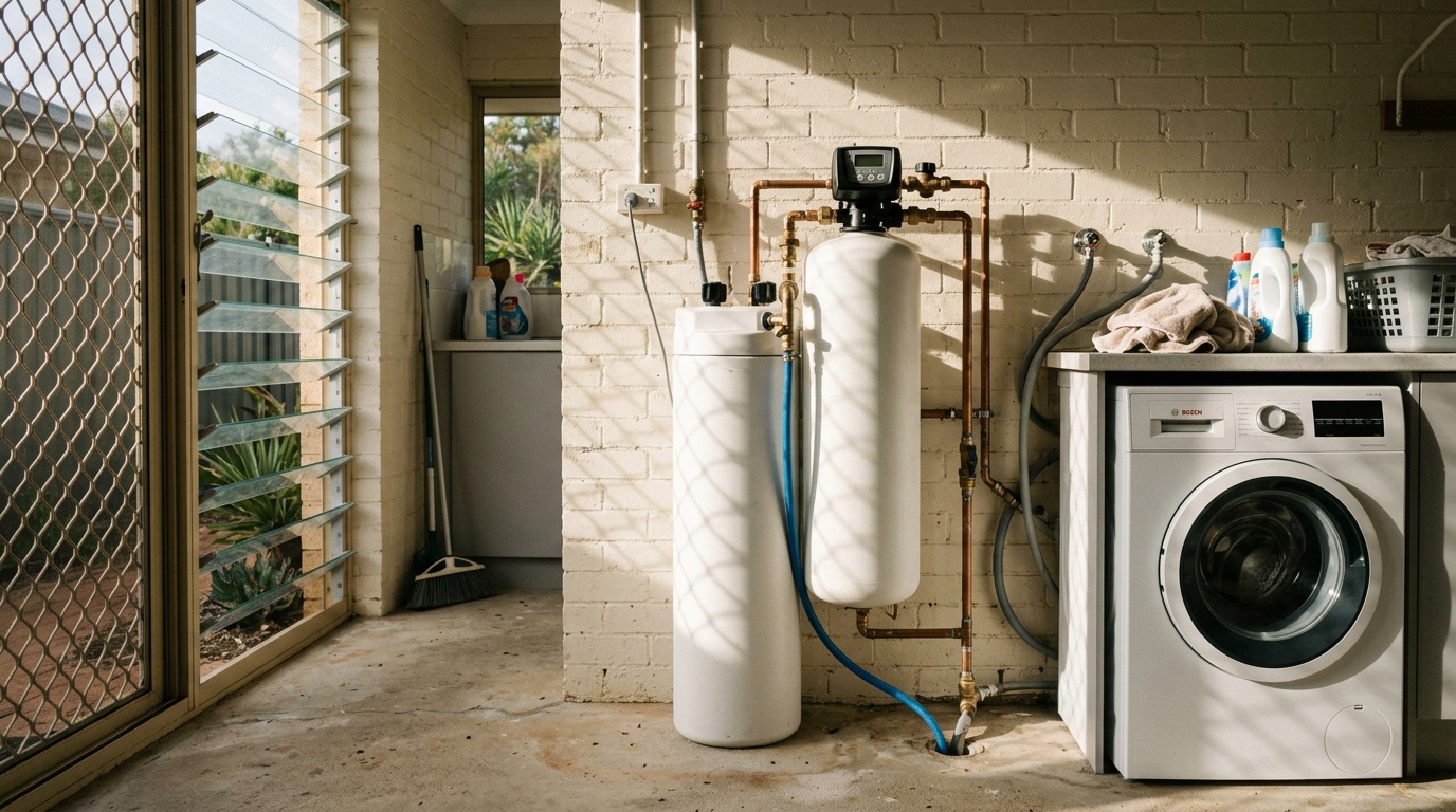 Whole house water softener tank installed in a Western Australian home utility room -- Clean and Native