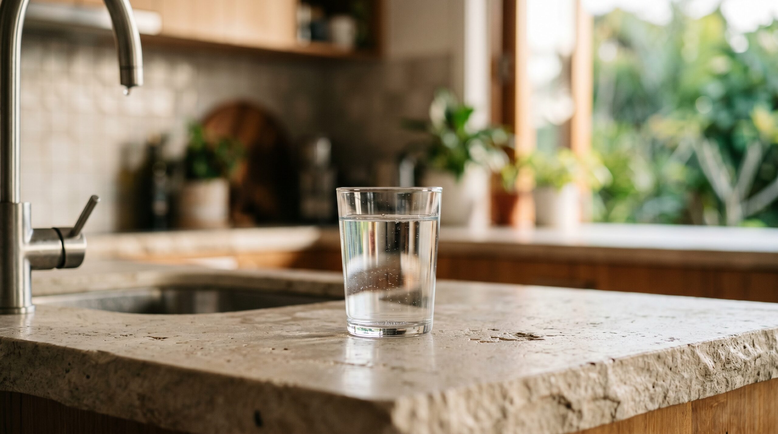 Glass of water on kitchen bench, PFAS contamination in Australian drinking water