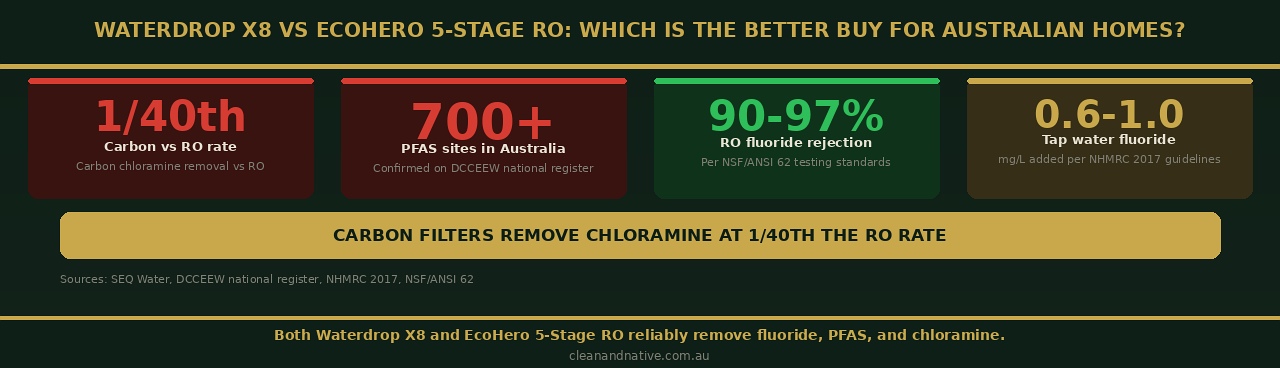 Waterdrop X8 vs EcoHero 5-Stage RO: Which is the Better Buy for Australian Homes? infographic — Clean and Native