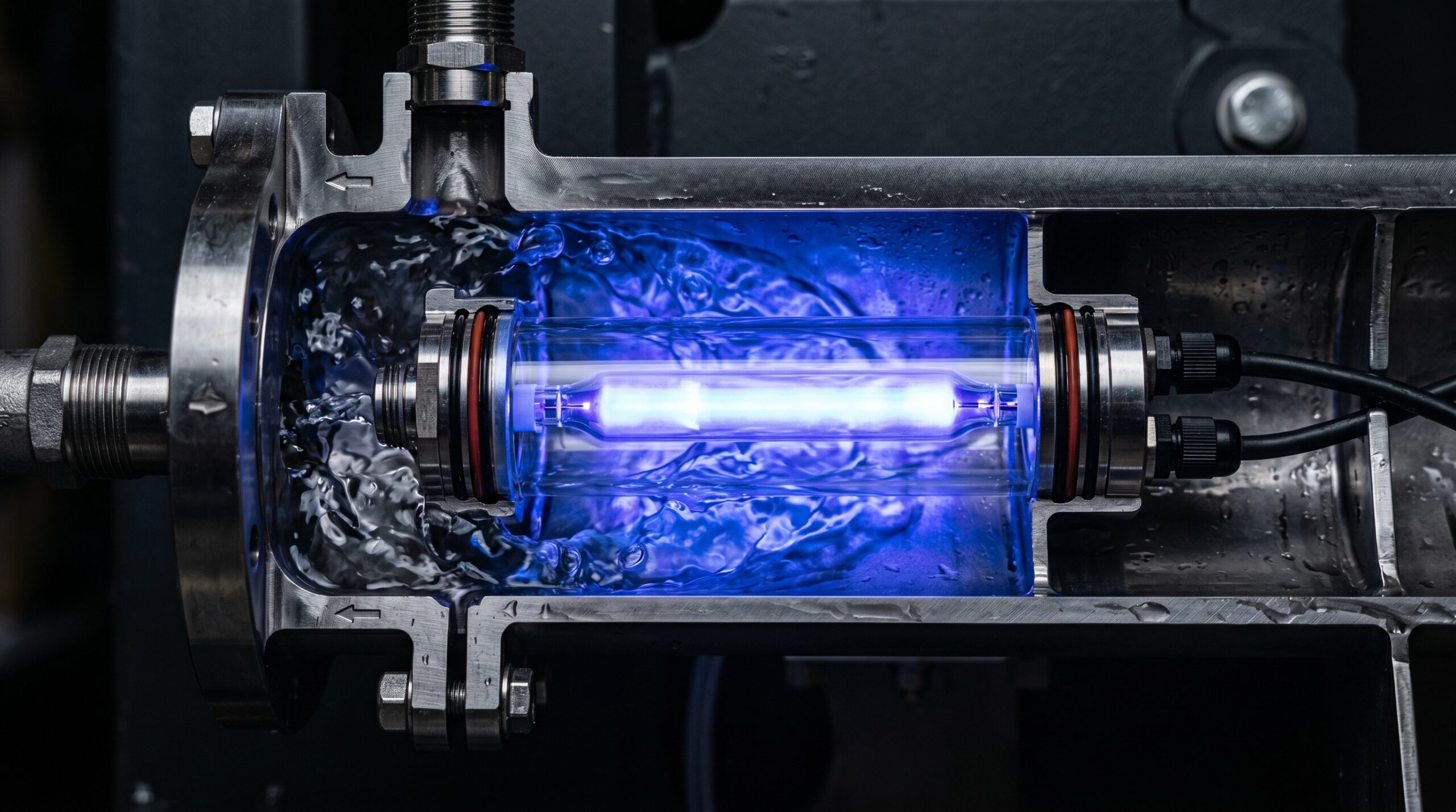 UV-C sterilisation chamber cross-section showing 254nm lamp inside a reverse osmosis water filter system