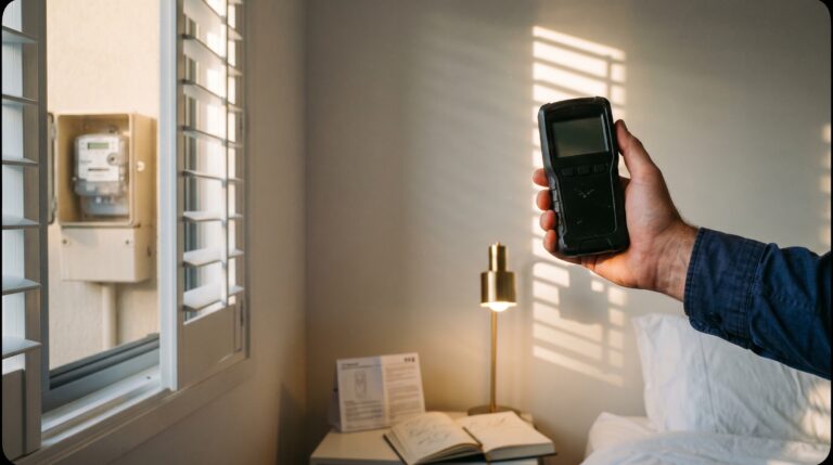 What is EMF radiation in Australia 2026 — TriField TF2 EMF meter held against bedroom wall facing exterior smart meter, golden hour Queensland coastal home, Clean and Native testing