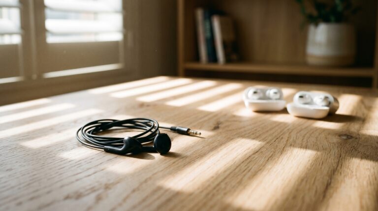 A pair of black wired in-ear earbuds and a pair of white wireless earbuds on a pale timber Australian desk in soft morning light -- the wired-vs-bluetooth comparison this guide measures