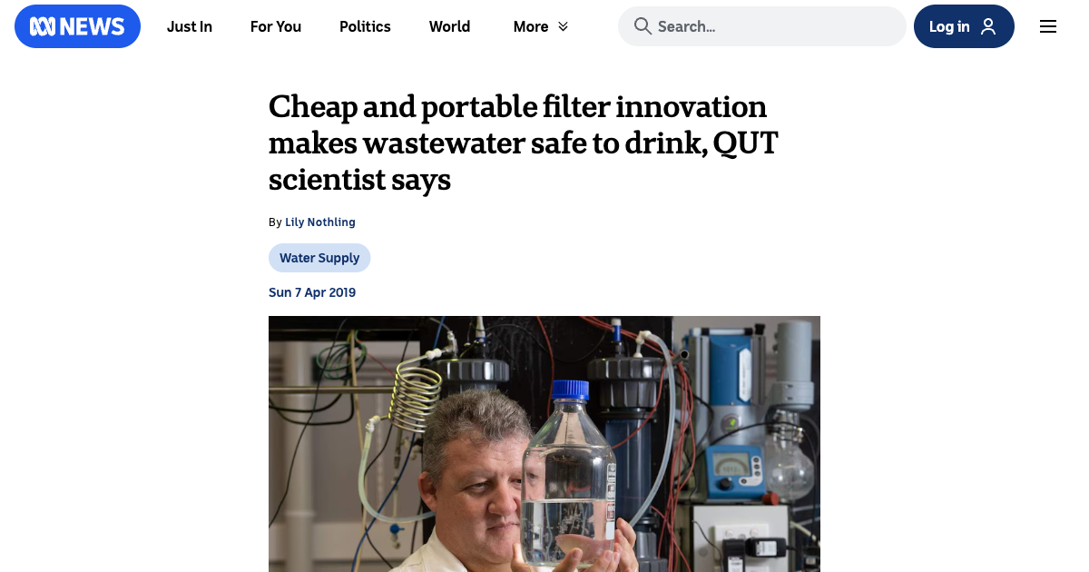 ABC News article about QUT membrane distillation water filter breakthrough 2019