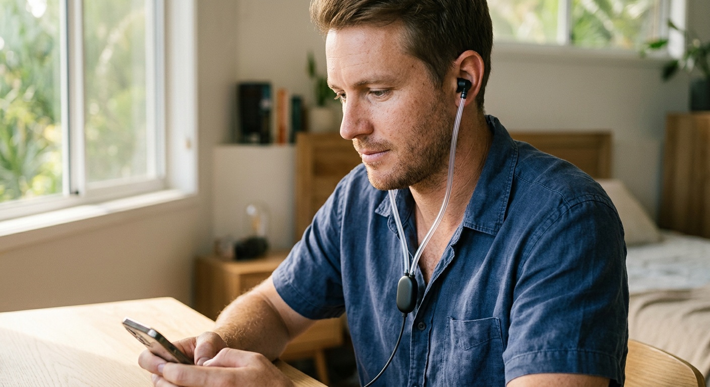 Person wearing air tube headphones — best EMF-safe headphones Australia 2026