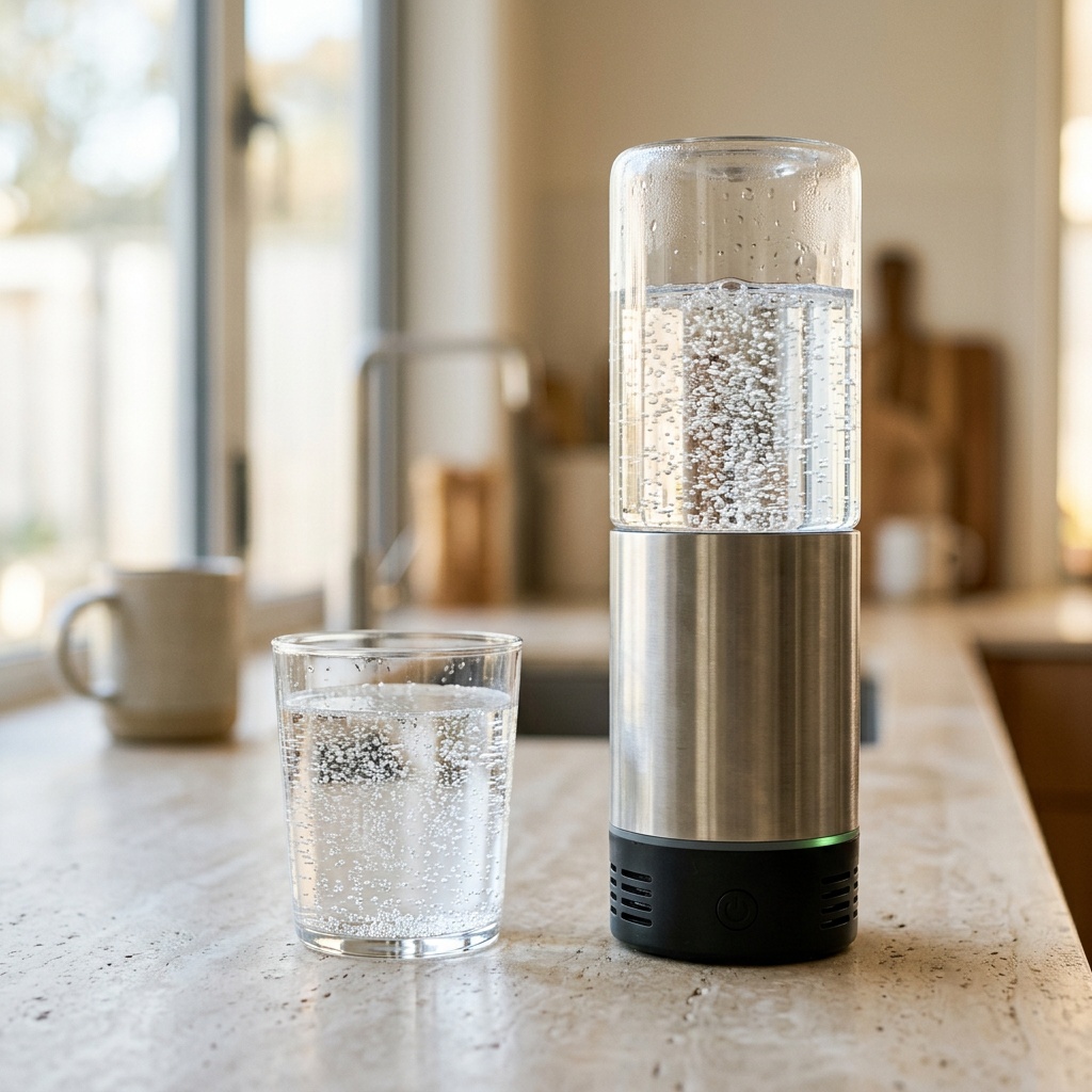 ALTHY dual-chamber hydrogen water generator bottle with stainless steel base and clear glass chamber showing hydrogen microbubbles -- Clean and Native