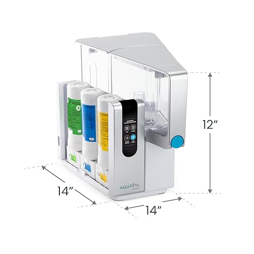 AquaTru Classic with three colour-coded filter cartridges: yellow Pre-Carbon, blue RO membrane, green VOC Carbon