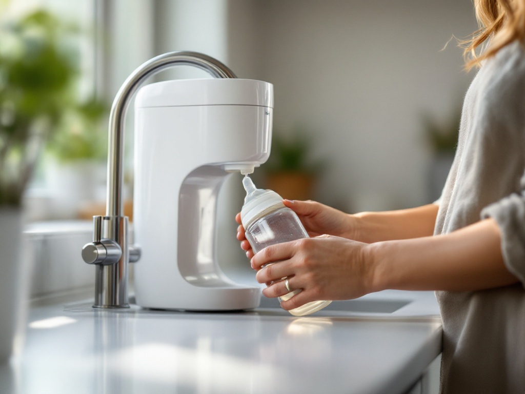 mother filling baby bottle from countertop water filter in bright kitchen