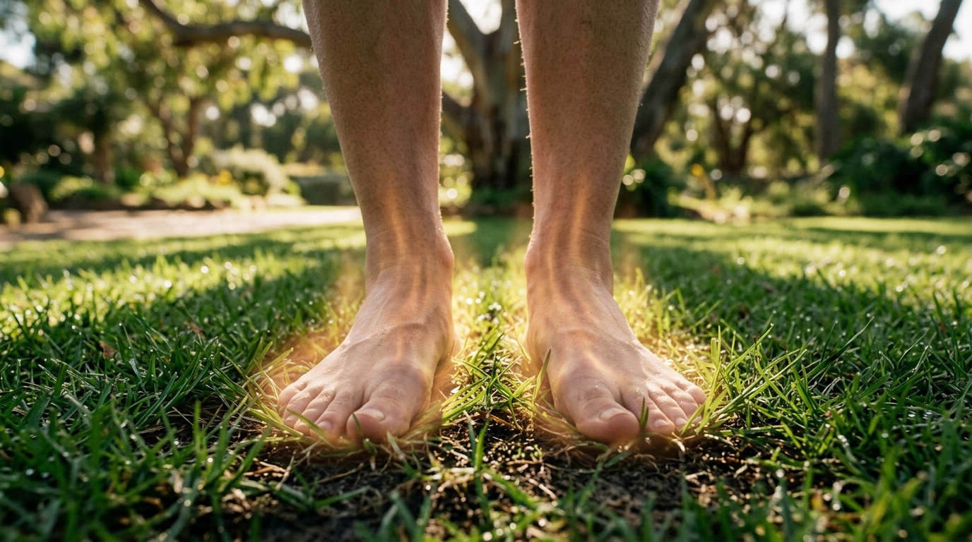 Bare feet on green grass with warm amber glow depicting free electron transfer from earth into the body -- the proposed mechanism for how earthing reduces inflammation