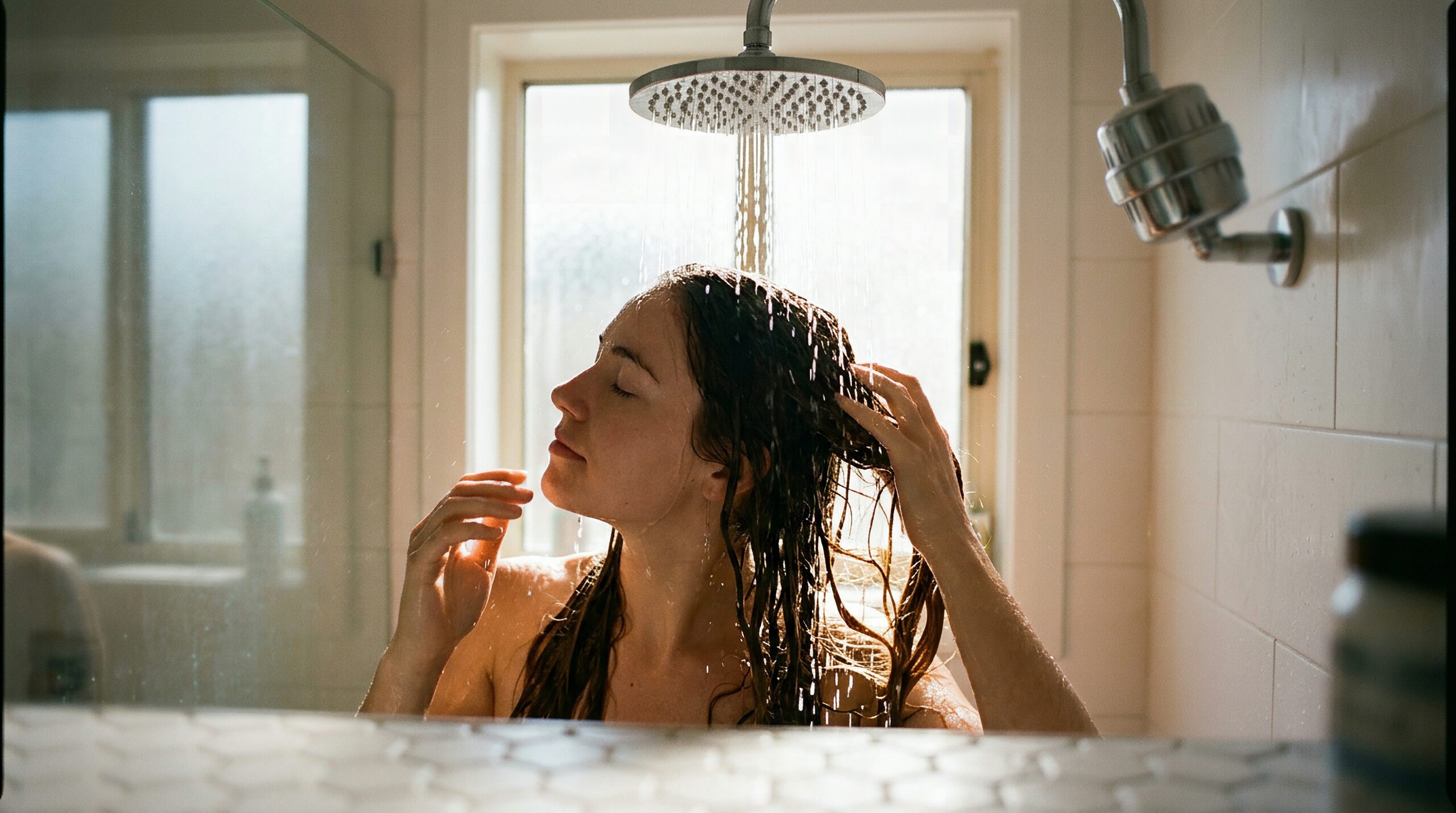 Woman washing hair under filtered rain shower — best shower filter for hair loss Australia 2026