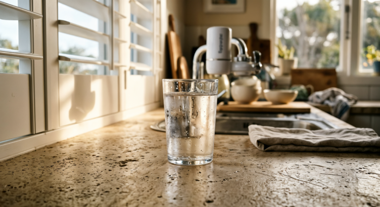 Best water filter for Hobart 2026 — glass of filtered water on Tasmanian kitchen bench