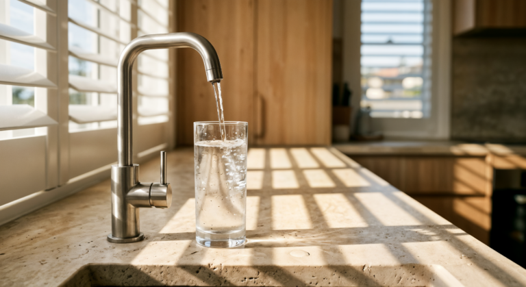 Brushed steel filtered water tap pouring crystal-clear water on stone bench — best water filter Newcastle 2026