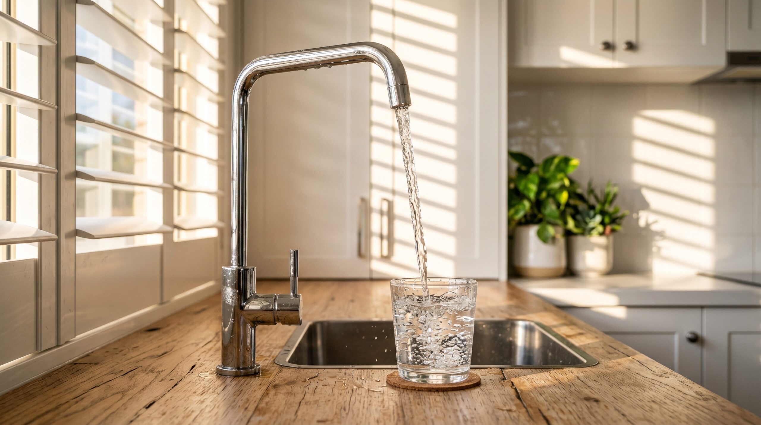 Crystal-clear water flowing from a dedicated reverse osmosis tap in a coastal Queensland kitchen with morning light through plantation shutters