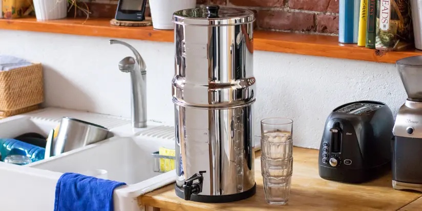 Big Berkey gravity water filter on kitchen counter in a real home — stainless steel two-stage gravity filter