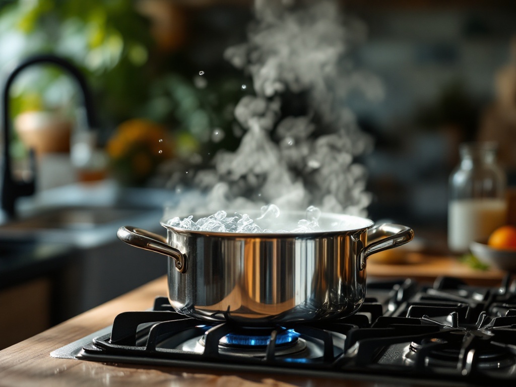 water boiling vigorously in stainless steel pot on gas stove
