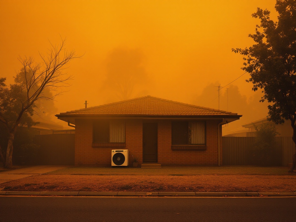 bushfire smoke blanketing Australian suburban house with orange sky