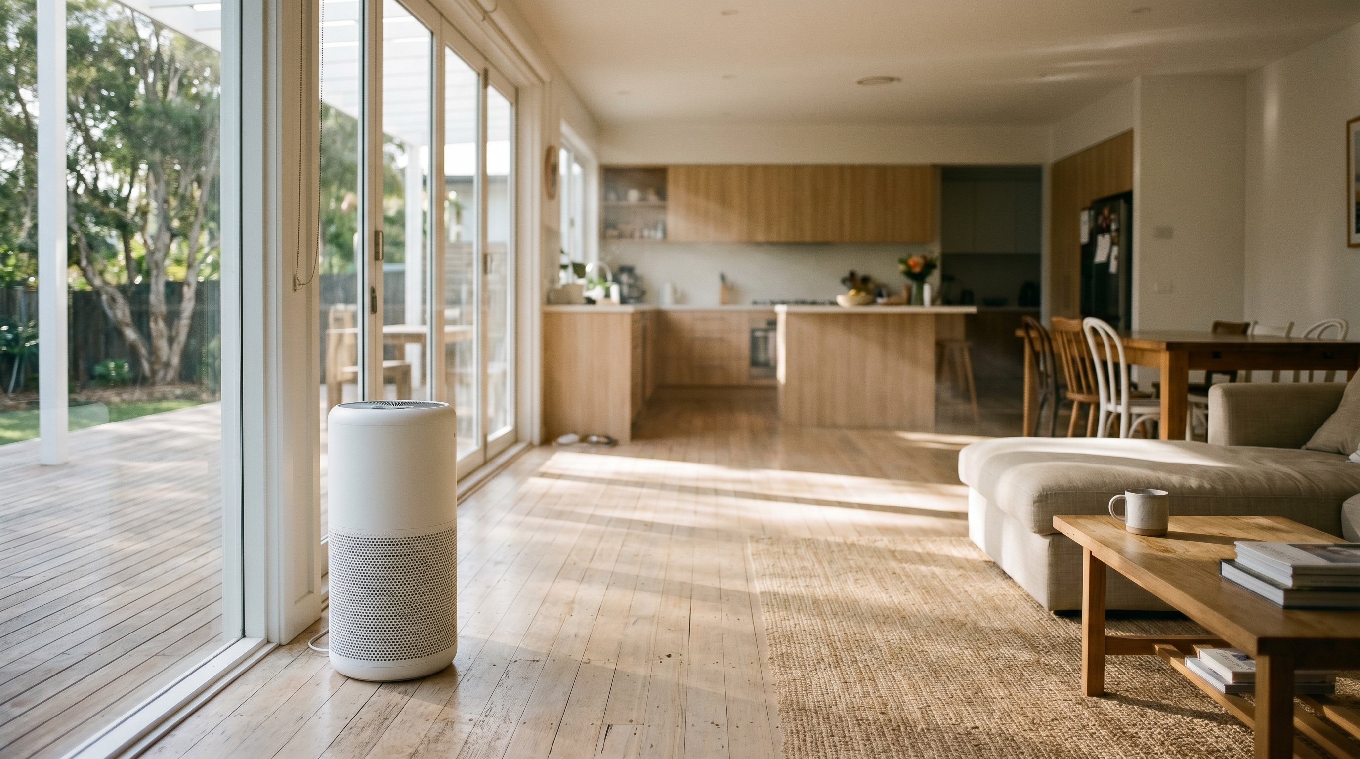 Air purifier in large open-plan Australian living room showing CADR concept and room coverage -- Clean and Native