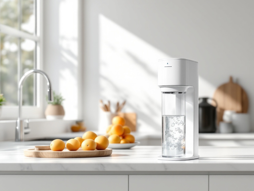 countertop reverse osmosis water filter on white kitchen bench