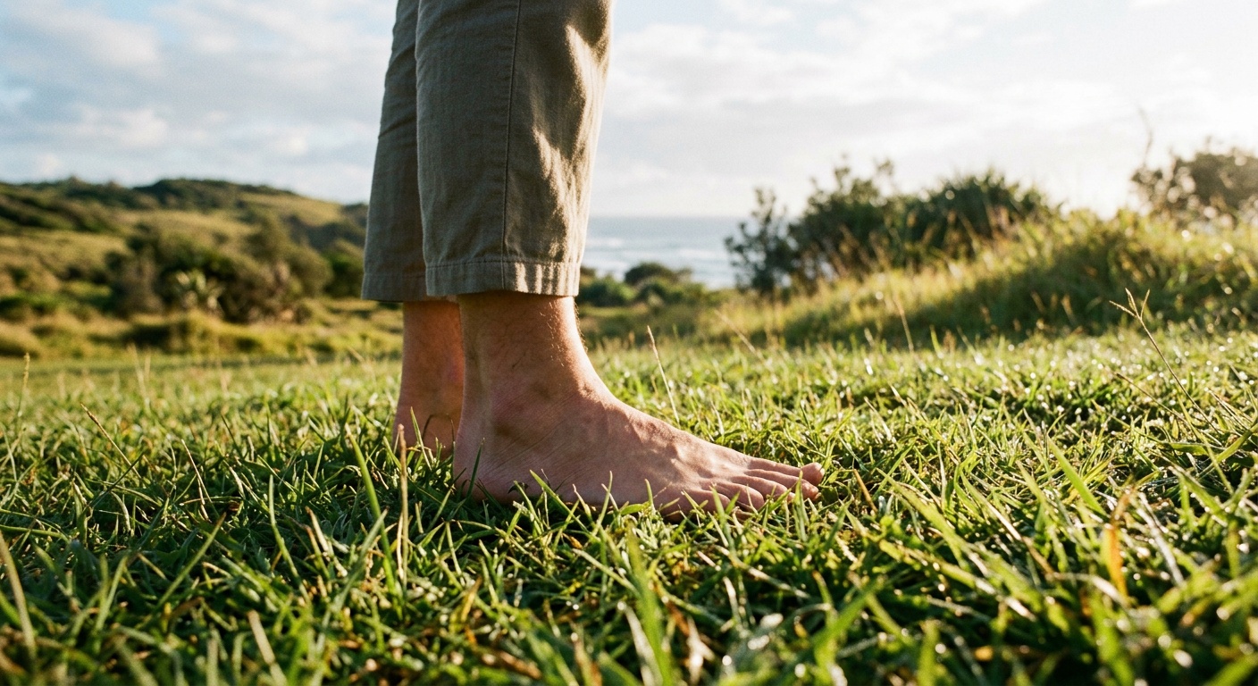 Adult bare feet standing on lush coastal grass in sunlight — barefoot outdoor earthing in Australia