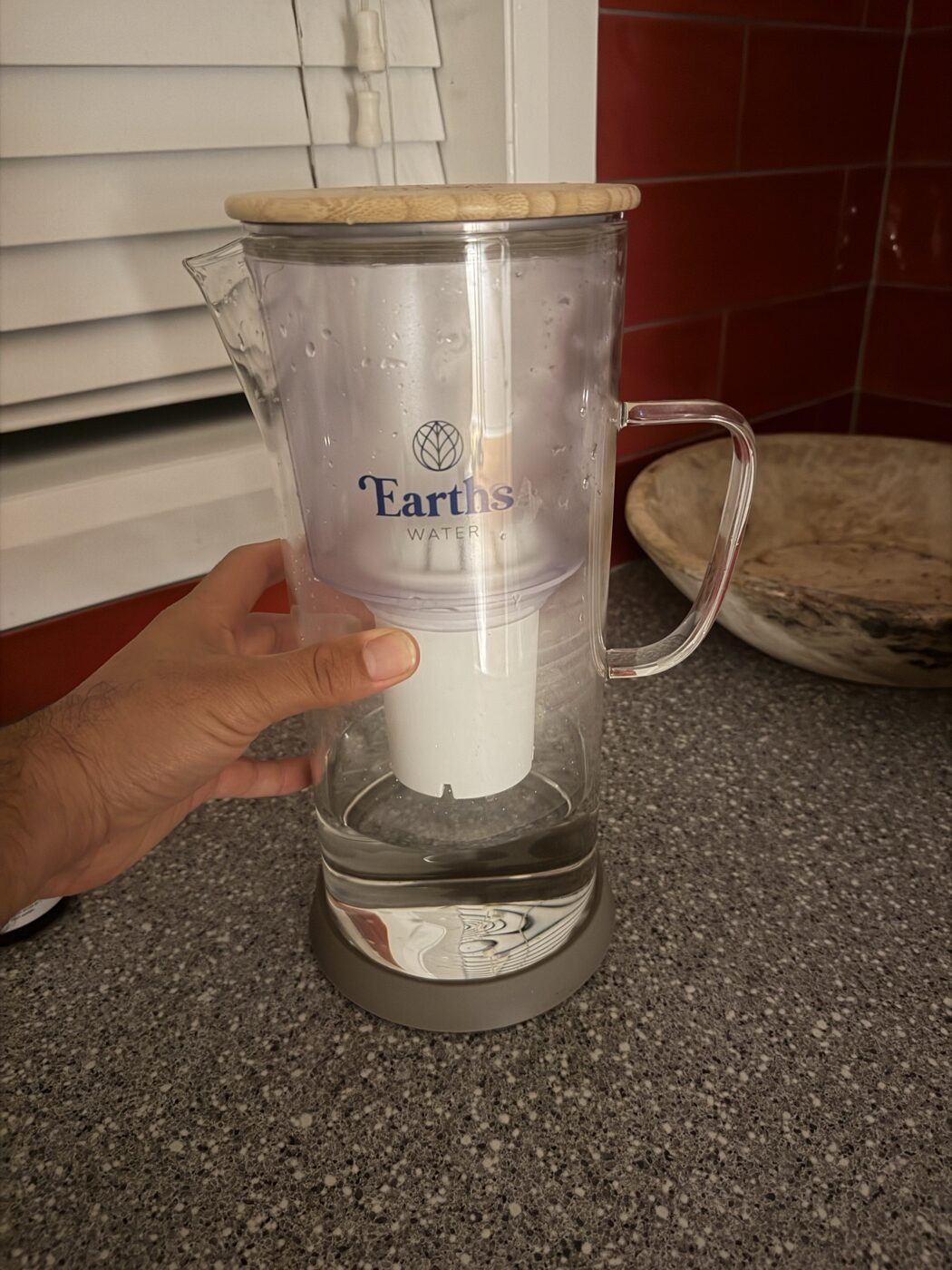 Earth's Water 3.5L glass carafe showing bamboo lid and filter assembly